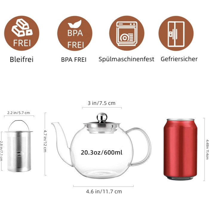 Скляна чайниця CNGLASS 600 мл з ситом, для листового та квіткового чаю, стійка до плити