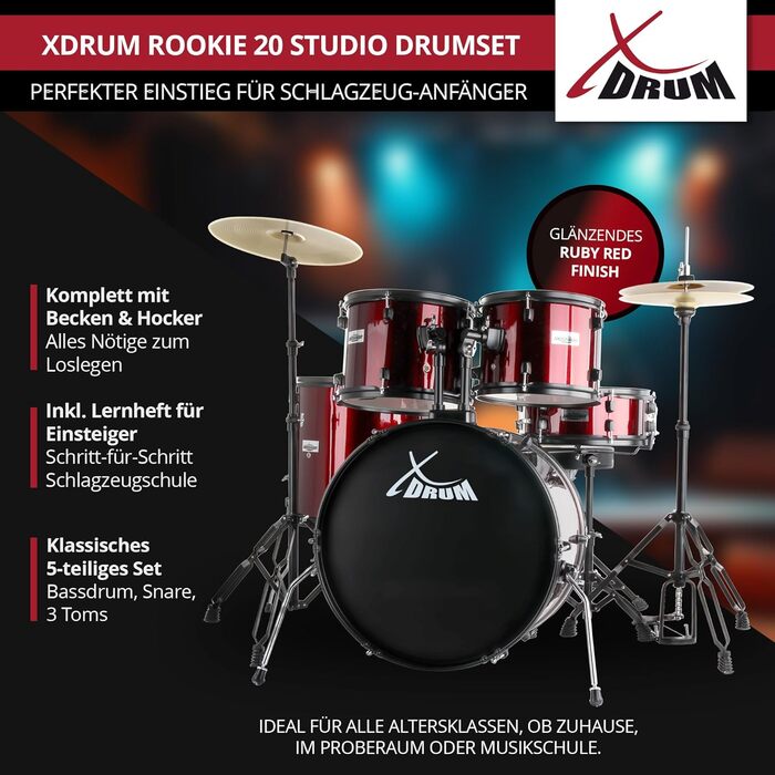 XDrum Rookie 20' барабанний комплект для студії Ruby Red – ідеальний для початківців, стильне чорне обладнання, з паличками, інструкцією та школою барабанів – червоний