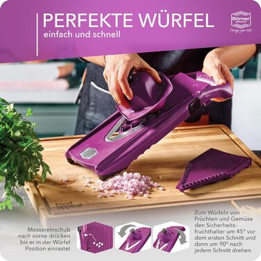 Набір Börner Gemüsehobel V5 (Profi Set): професійний набір для нарізки овочів з регульованим V-подібним ножем, 7-частинний, з 10 видами нарізки, з нержавіючої сталі, з док-станцією, фіолетовий (стартовий набір)