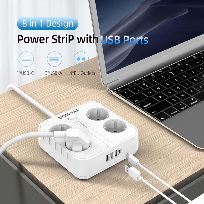 Розподільник розеток POWSAF з 4 розетками та 4 USB-портами для зарядки, для кріплення на стіну, для дому та офісу, білий