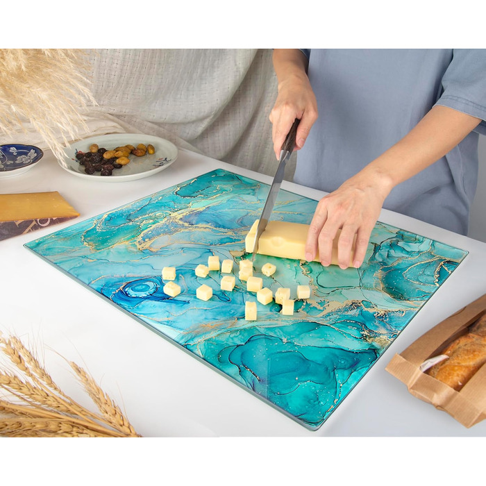 Скляна дошка для нарізання 40x30 см – гігієнічна скляна дошка з загартованого скла, стійка до високих температур, подряпин та ковзання – скляна плита для кухні, чорна мармурова текстура (Design 09, 50Ш x 40Г см)