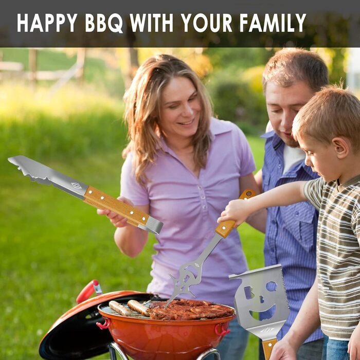 STEVEN-BULL Grill Utensil Set 3-Piece. Extra Long Grilling Tools, Stainless Steel Wood Handle, Grilling Accessories with Grill Tongs, Grill Spatula, Meat Fork. Extra-Long Wooden Handles and Hanging Holes.