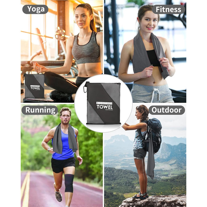 Набір рушників з мікрофібри (3 шт.): 180x80 см + 2 шт. 80x40 см, для фітнесу, сауни, пляжу, подорожей, темно-зелений (темно-сірий)