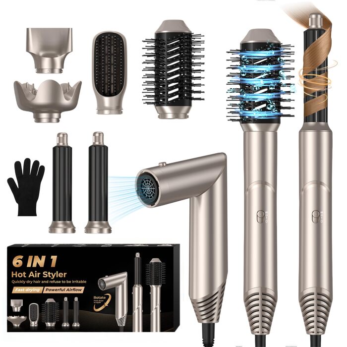 Фен-щітка 6 в 1 Airstyler: стайлер для волосся, локони, випрямлення, термощітка, чорний, з насадкою-дифузором