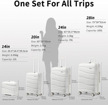 Набір валіз KONO 2 шт: ручна валіза-тележка 56 см + косметичка з поліпропілену, жорсткий корпус, 4 колеса, TSA-замок (кремово-білий)