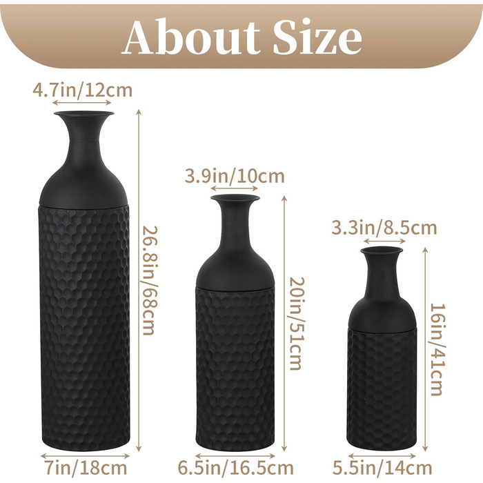 Vintage Black Tall Floor Vase Set of 3 - 68/51/41cm Metal Honeycomb Texture Matte Decorative Vase for Living Room, Dining Room, Bedroom, Office & Home Décor