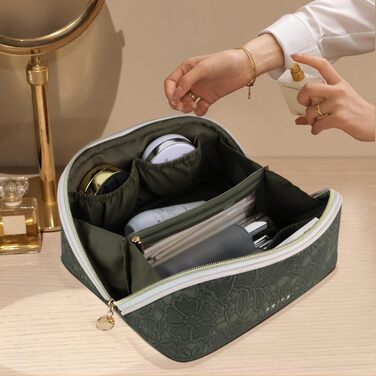 Косметичка для подорожей великого об'єму з прозорими перегородками, зелена квітка, водонепроникна, з PU-шкіри