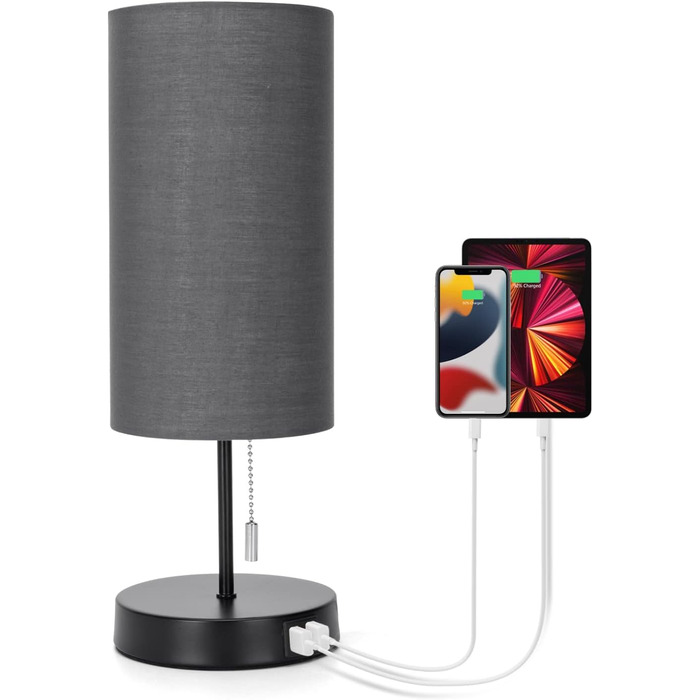 Настільна лампа Aigostar з 2 USB-портами, вимикач, металевий цоколь, сірий колір, для спальні, вітальні, дитячої кімнати