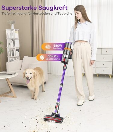 Бездротовий акумуляторний пилосос 50000Pa/580W, 70 хвилин роботи, об'єм 1.6л, з автоматичним регулюванням потужності, LED дисплеєм, антизаплутана щітка, док-станція для стін, тихий, для шерсті тварин, твердих поверхонь, килимів, авто