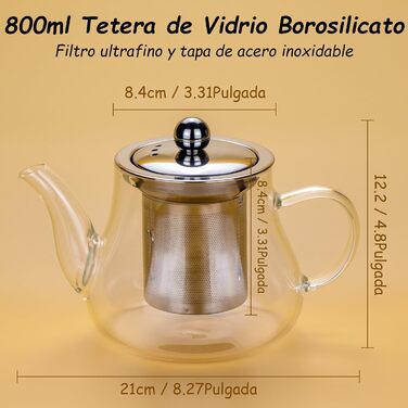 Чайник скляний Honneeo 450 мл з знімним фільтром, для листового чаю, трав'яних зборів, фруктів, 800 мл