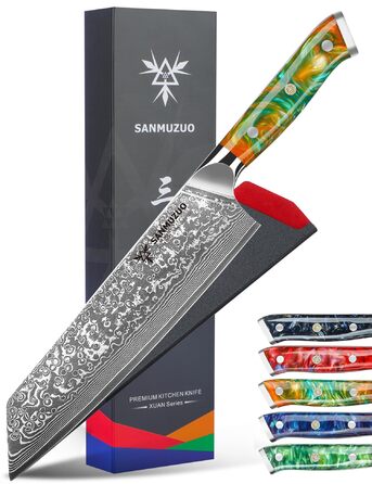 Ніж Kiritsuke Damast Xuan 22 см, сталь VG10, ручка з сапфірово-блакитної смоли (Фантастичний помаранч)