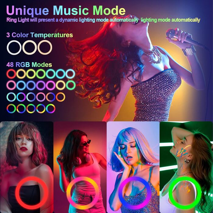 Кільцеве світло 13 дюймів з штативом, кліп для планшета та 2 тримачі для телефону, 3000-6000K, 10 рівнів яскравості, музичні режими, 100 RGB-режимів, LED кільцеве світло для селфі, TikTok, Vlog, YouTube, Facebook відео