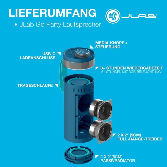 JLab Go Party: Портативна Bluetooth колонка з RGB підсвіткою, 16+ годин роботи, IP56 (Синій)