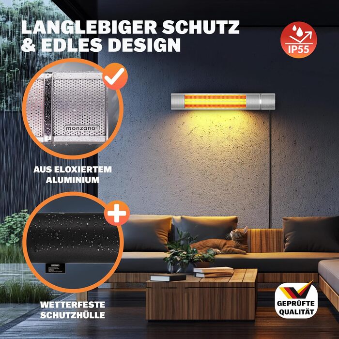 Інфрачервовий обігрівач MONZANA® MZH2000 Goldröhre 2000W з пультом керування, 3 режими, кут нахилу 90°, для тераси та вулиці