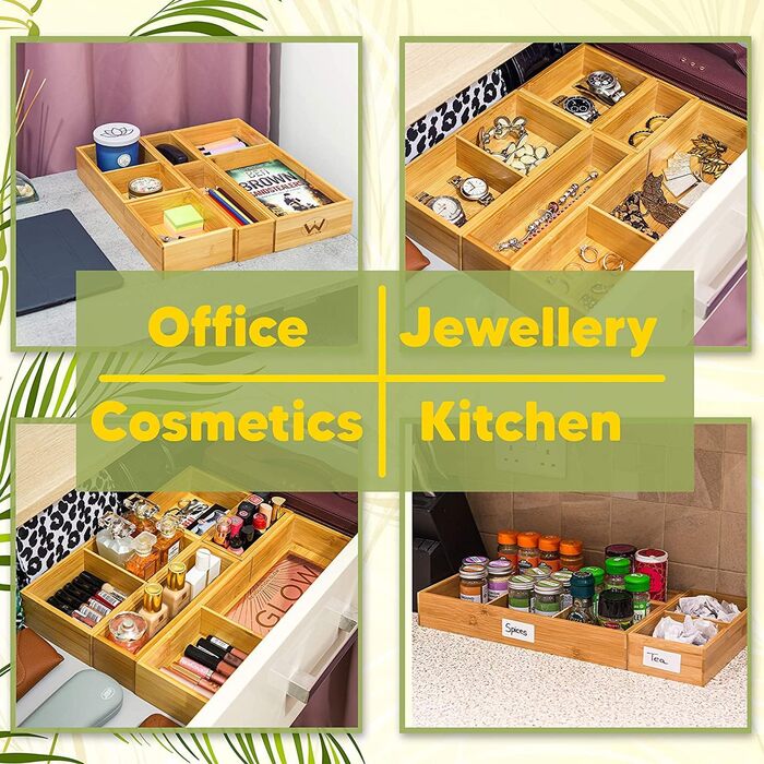 Bamboo Drawer Organizers, 5-Piece Set, with Various Compartments and Removable Dividers, Set of 5 Sturdy Wooden Storage Boxes with Extra Foot Pads for Home and Office