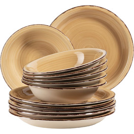 MÄSER 931766 Bel Tempo II, 12-piece tableware set for 6 people with a modern vintage look, beige stoneware dinnerware, 21 centimeters