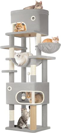 Когтеточка для котів Hzuaneri XXL (203 см) з великою платформою, 2 печери, 7 стовпчиків, помпонами, лежаками та гамаком. Підходить для всіх порід котів. MS20318YL (Світло-сірий)