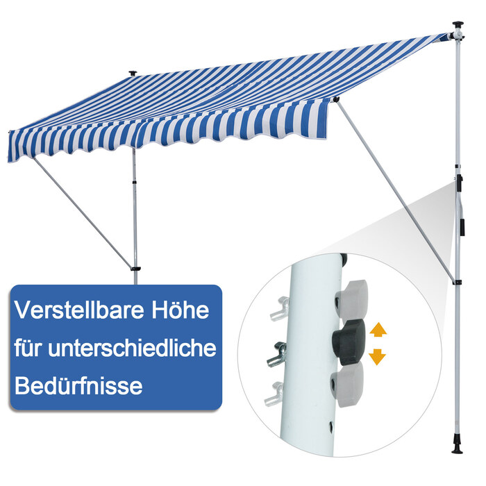 Markiza Outsunny з ручною кришкою, Ш300 x Г150 x В170-280 см, регульована по висоті, маркіза стійка до погодних умов, водонепроникна, алюмінієва, поліестер, синьо-біла