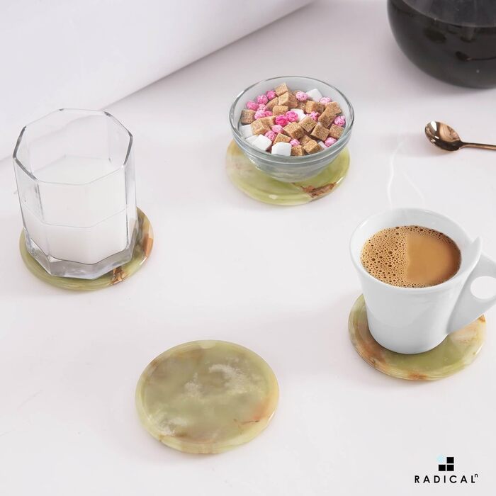Radical Undercoasters for Drinks, Marble, 8.9 cm, Handmade, for Cups and Glasses, Coaster Set for Kitchen, Car, Office, White, 6-Piece Set (Green Onyx)