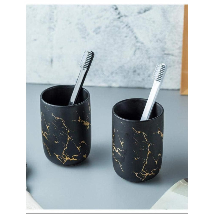 Набір аксесуарів для ванної кімнати FülleMore з кераміки, люкс, мармурова текстура, 3 шт. (дозатор для мила, мильниця, стаканчик для зубної пасти, чорний)