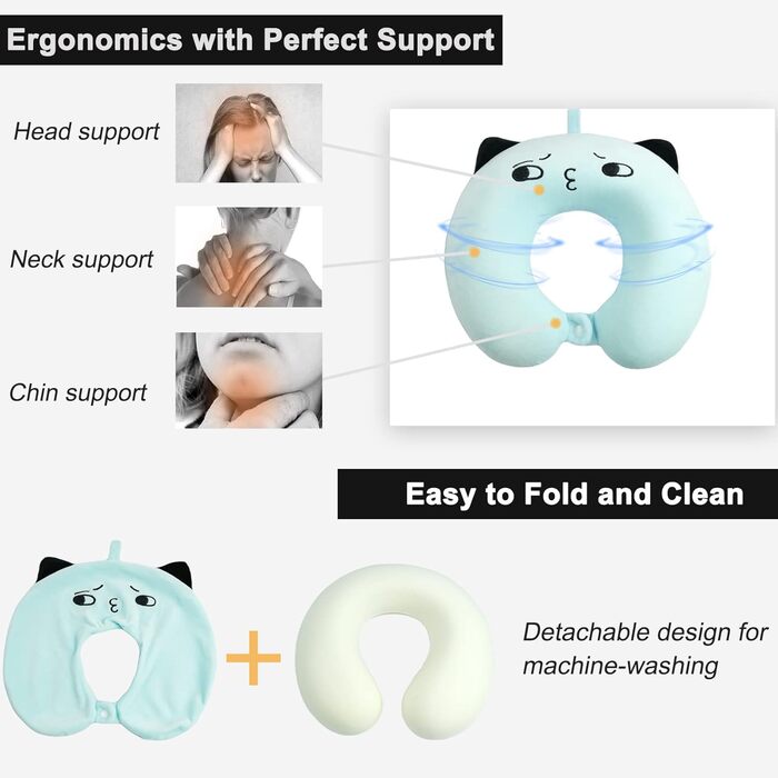 Дитяче подушечка для шиї з меморі-піною, U-подібна форма, з милим дизайном тваринки, для подорожей (літак, авто, поїзд), знімний чохол (блакитний)