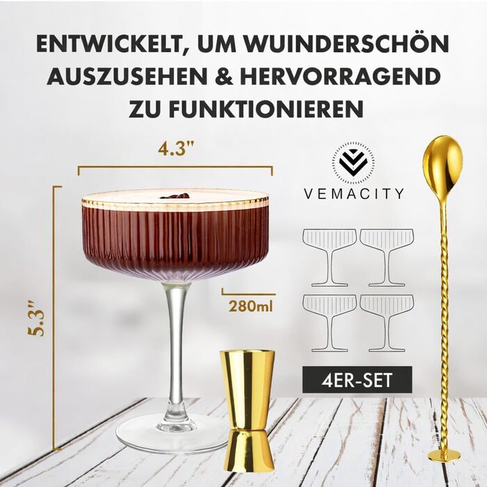 Набір з 4 елегантних келихів для Еспресо Мартіні Vemacity | Ручна робота | Келихи для шампанського, Маргарити та коктейлів | Преміум якість