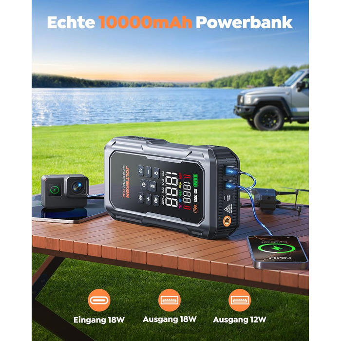 Павербанк для автозапуску 7000A з компресором, LED-ліхтарем та LCD-дисплеєм для бензинових та дизельних двигунів (до 12.0L)