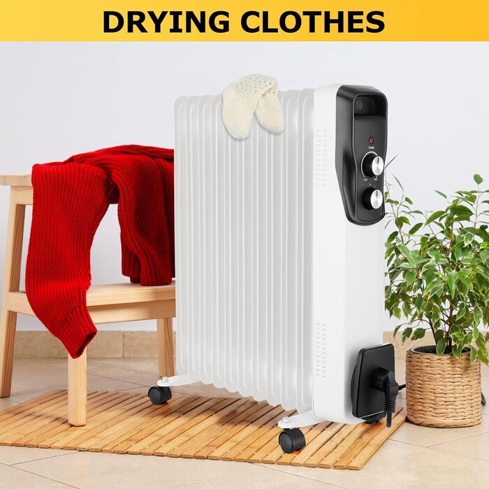 Масляний радіатор 2500W з 11 ребрами, електрообігрівач з 3 рівнями нагріву, термостатом та 4 колесами для дому та офісу