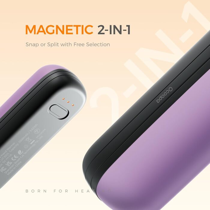 Нагрівач для рук OCOOPA UT2S Mini, 5200mAh, 2 шт. в комплекті, магнітний, електричний, для кемпінгу та активного відпочинку, подарунок для жінок та чоловіків (чорний/фіолетовий)