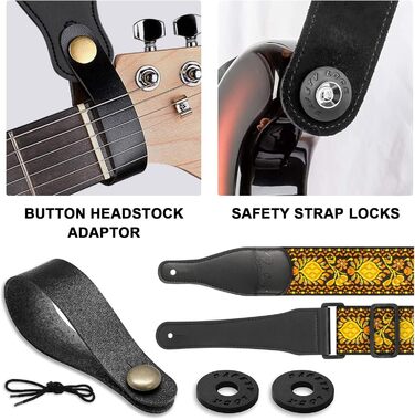 Гітарний ремінь Jacquard з бавовни з шкіряними кінцями для бас-гітари, акустичної та електрогітари, жовтий