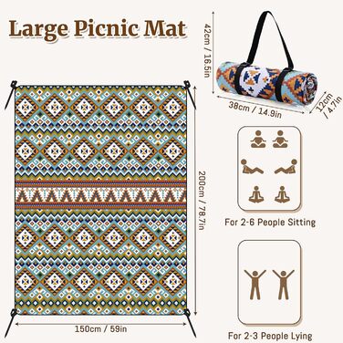 Плед для пікніка Boho водонепроникний, великий (XL 150x200 см) з ручкою, 4 кілочки, для пляжу, кемпінгу, парку - Boho стиль