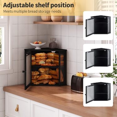 Бамбукова коробка для хліба на кухонну стільницю, контейнер для домашнього хліба, двоярусний, великий бамбуковий кухонний контейнер з вікном (Білий, середній) (Чорний, середній)