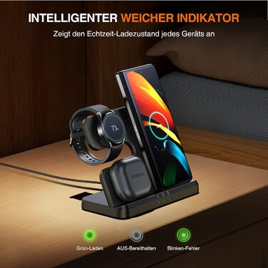 Бездротова зарядка 3-в-1 для Samsung Galaxy: годинники, смартфони, навушники. Сумісна з Galaxy Watch 8/7/6/5/5 Pro, S26 Ultra, S25, S24, S23, S22, Z Flip, Z Fold. Чорний колір, без адаптера.