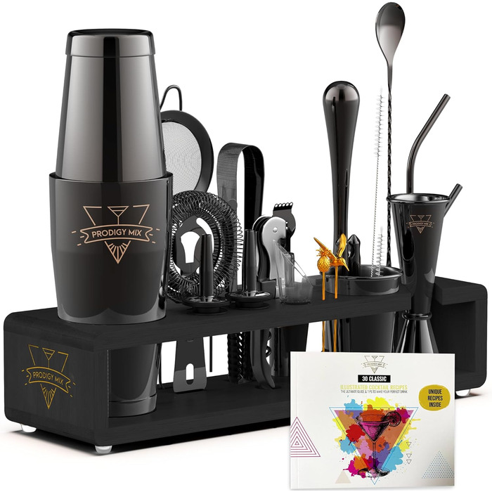 Prodigy Elite Mixology Set - 20-Piece Boston Cocktail Shaker Set with Stand | Stainless Steel Bar Accessories & Bonus Recipes
