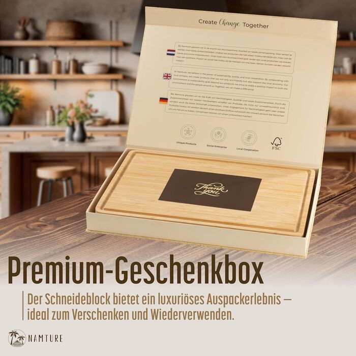 Дерев'яний обробний дощечок Stirnholz 45x30 см з бамбука, преміум-якість, з канавкою для соку, антиковзні ніжки, в подарунковій коробці