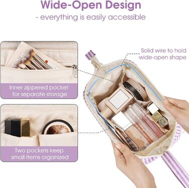 Косметичка жіноча Narwey для подорожей: велика, з широким відкриванням (сіро-блакитний з фіолетовими смужками)