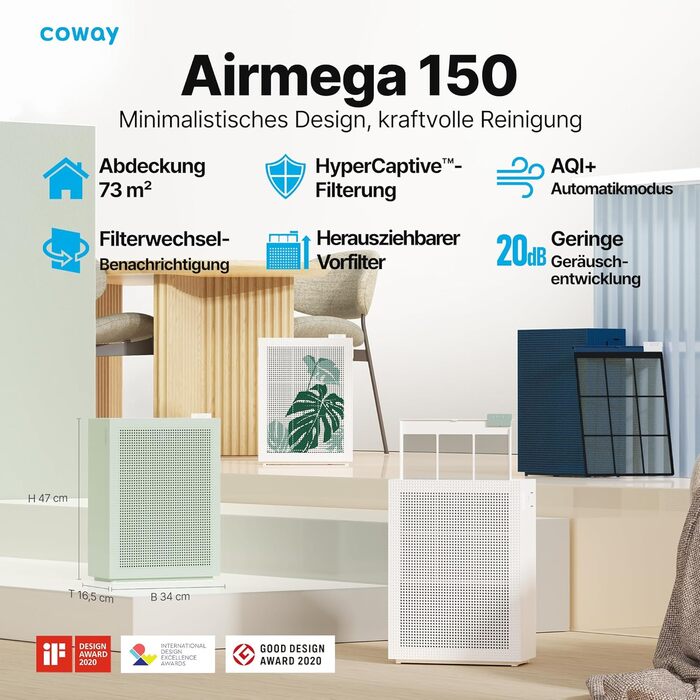Повітряний очисник COWAY AIRMEGA 150: GreenHEPA™, ECARF, для кімнат до 73 м², білий