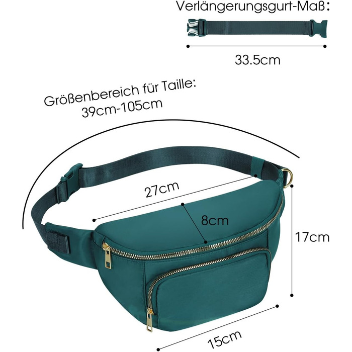 Сумка на пояс для жінок та чоловіків, стильна, з 4 кишенями на блискавці та регульованим ремінцем, ідеальна для подорожей та піших прогулянок (Patent Pending), колір: бірюзовий