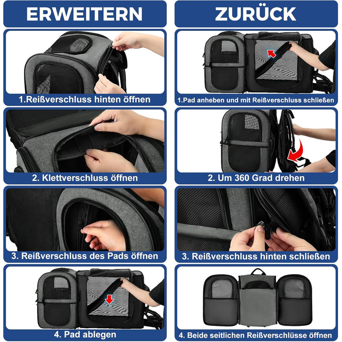 Рюкзак для собак та котів Apollo Walker - для маленьких тварин (2-15 кг), з підтримуючим каркасом, дихаючий, розширюваний, сірий