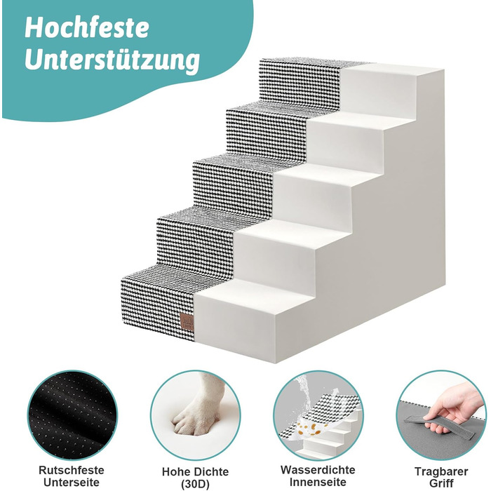 COZY KISS Dog Stairs for Small Dogs, Wide Steps Pet Stairs for Bed Couch Car, 60cm High High-Density Foam Cat Stairs with Removable Cover (7x0x60cm, ) (Black & White, 5, 75x50x60cm)
