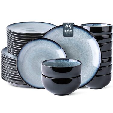 Набір керамічного посуду LERATIO для 4 осіб: тарілки та миски з реактивної глазурі (12-36 шт.), сірий колір