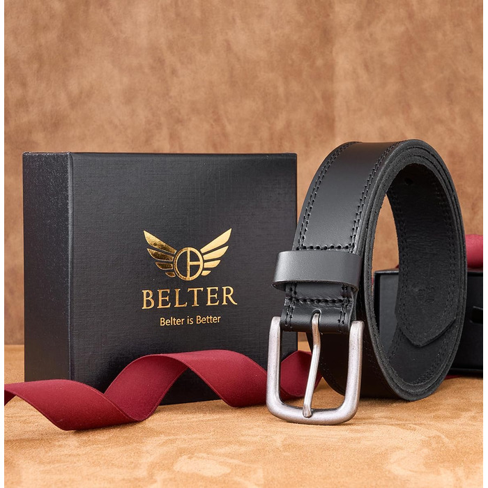 Чоловічий шкіряний ремінь BELTER 38 мм з подарунковою коробкою, чорний. Розміри: 32W-35W (105 см), 44W-47W (135 см)