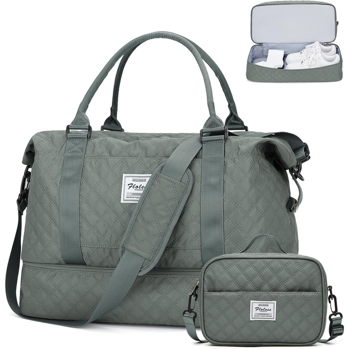 Спортивна сумка для жінок, дорожня сумка-дуffel, фітнес-сумка, дорожня сумка на вихідні з відділенням для взуття та косметичкою, водовідштовхувальна, бежева (E8-армійний зелений)