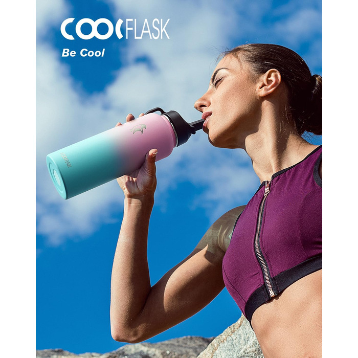 Термопляшка Coolflask 2л з соломинкою та 3 кришками, нержавіюча сталь, для спорту та офісу, герметична (Bubble Gum)