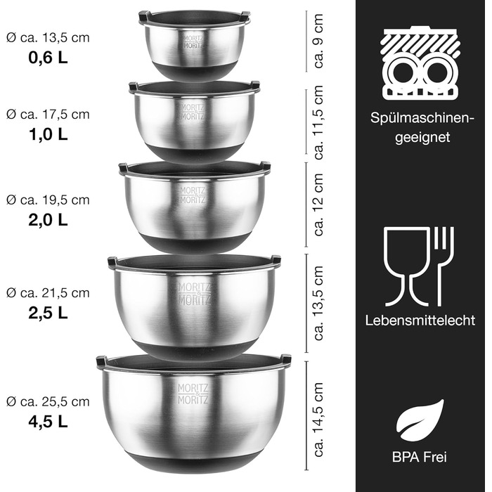 Миска для перемішування Moritz & Moritz 5er з кришкою - 0,6-4,5л - нержавіюча сталь з антиковзними ніжками без BPA - Складається, саладова миска з кришкою та 3 тертки - придатна для миття в посудомийній машині
