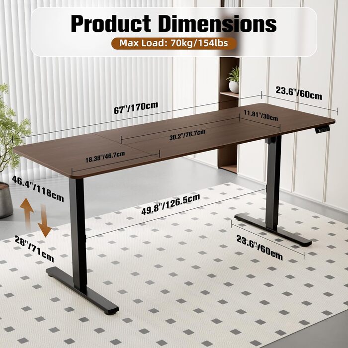 Electric Height Adjustable Standing Desk 80x60 cm & 170x60 cm - Ergonomic Desk with Dual Top, White Frame & Walnut Tabletop for Home Office