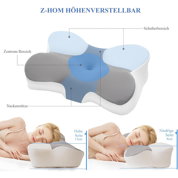 Подушка для шиї Z-hom, подушка для голови з Memory Foam, ергономічна подушка для шиї, подушка для тих, хто спить на боці, на спині та животі, ергономічна подушка для сну на боці 60 x 36 x 13/8 см