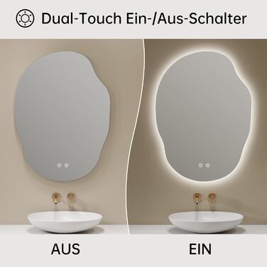 Дзеркало для ванної кімнати з підсвічуванням, арочне, без рами 50x75 см. Touch-панель, регулювання яскравості, 3 кольори світла, запобігання запотіванню