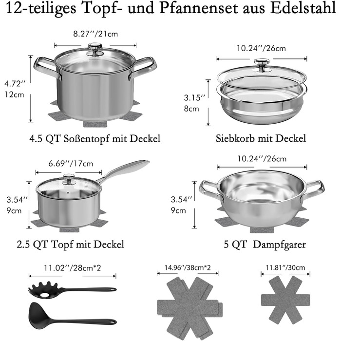 Набір каструль Induktion 12-частинний з нержавіючої сталі з тришасим дном, включає пароварку, 3 захисні диски для сковорідок та кухонне приладдя, безпечний у духовці до 250°C та придатний для миття в посудомийній машині, для всіх типів плит