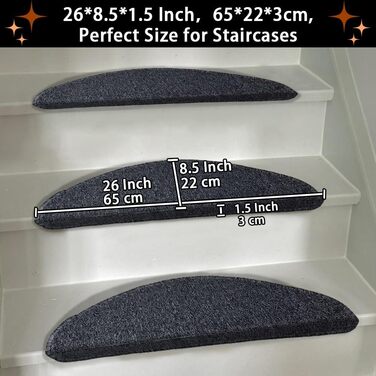 Rina Non-Slip Stair Treads - 22x65 cm - 15 Piece Set - Dark Grey Adhesive Anti-Slip Carpet for Wooden Stairs - Indoor Safety
